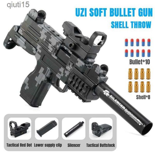Toys de armas uzi joga uma concha de pistola de bala macia infantil pistola de brinquedo de pistola blaster pistola airsoft arma com silenciador t230515