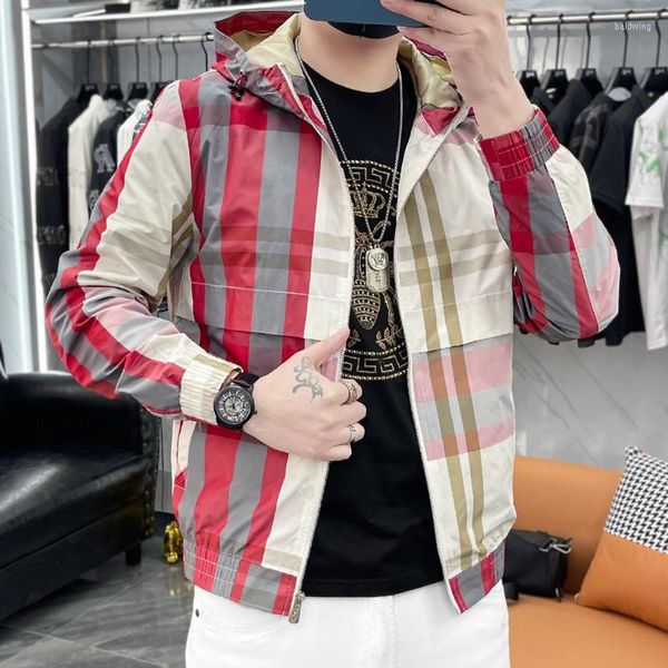 Männer Jacken Qualität Casual Mit Kapuze Rot Blau Gitter Muster Trendy Langarm Slim Top Bomber Jacke Männer Jaqueta Masculina