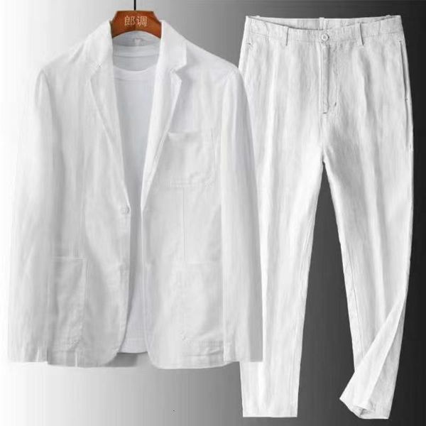 Tute da uomo Set da 2 pezzi Tasca in lino Solido Bianco Nero Abito casual Abbigliamento da lavoro Giacca sottile Prom Pantaloni lunghi Blazer Abiti 230512