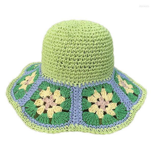 Berretti Corea Fiori Cappello da pescatore all'uncinetto per donna Paglia intrecciata a mano Estate Vacanze al mare Cappelli da spiaggia Protezione solare da donna Sole