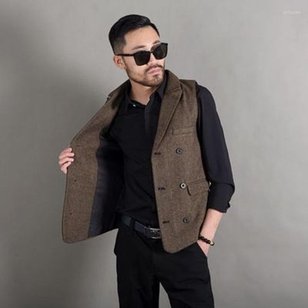 Gilet da uomo Gilet doppiopetto retrò a spina di pesce Slim-Fit Gilet con colletto Giacca in tweed Abbigliamento casual formale