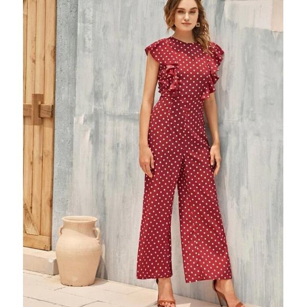 Zweiteilige Damenhose, elegant, kurzärmelig, Rundhalsausschnitt, Overall für Damen, Bohemian-Stil, Wellenpunkt, lockere lange Hose mit weitem Bein, Reise-Party, Sommer, 230512