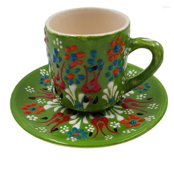 Tassen Untertassen HF 2 Set / Türkei Kaffeetasse handgemachte Fliese grün floral gemustert strukturiert osmanisch Anatolien Kutahya