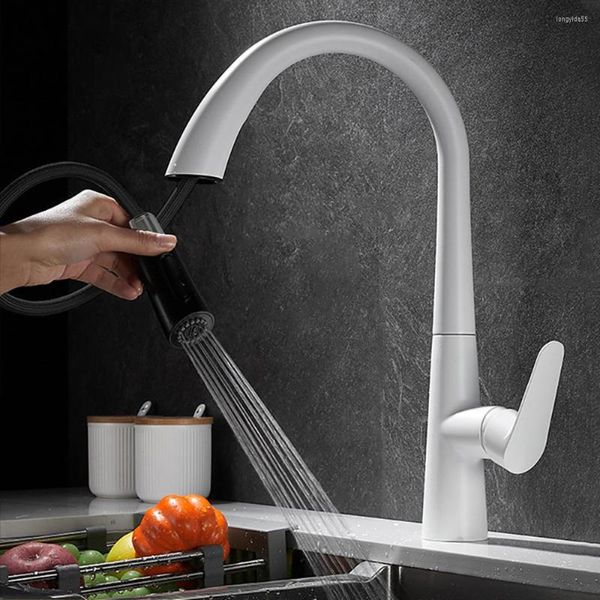 Mutfak Muslukları Tianview Hanehalkı Çekme Bakır musluk yıkama havzası lavabo tek sap ve soğuk beyaz boya döndürülebilir