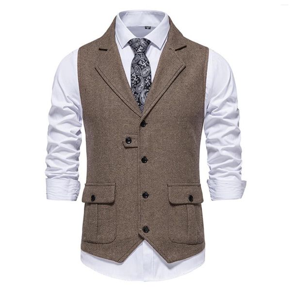 Gilet da uomo Moda scollo a V Doppio petto a spina di pesce Abito in tweed Gilet da uomo Gilet a righe casual Punk Groomman Matrimonio Grigio Brwon Verde