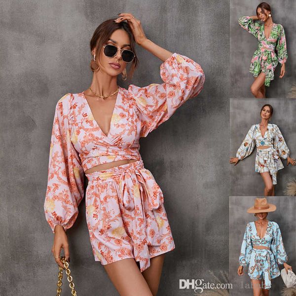 Frauen Overalls 2023 Frühling Sommer Neue Anzug Sets Gedruckt Sexy Elegante Tiefem Ausschnitt Langarm Hemd Und Hohe Taille Shorts body Set