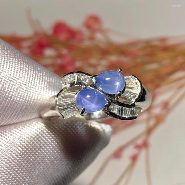 Anelli a grappolo Fine Jewelry Pt900 Real Platinum Gold Natural Star Blue Sapphire 1.4ct Gemstones Diamonds Female Wedding