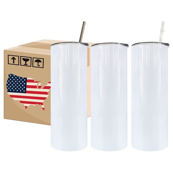 Garrafas de água em aço inoxidável de 20 onças de 20 onças sublimação em branco Tumblers retos canecas de chá fino com tampa e palha de plástico Copo de acampamento ao ar livre SS0515