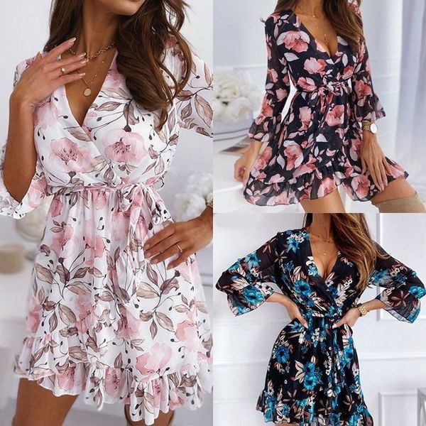 Повседневные платья платья для женщин Vestido Fashion Spring и Осеннее Руфлевые платье с цветочным кружевом в девять очков рукав платье с рукавом Traf 230515