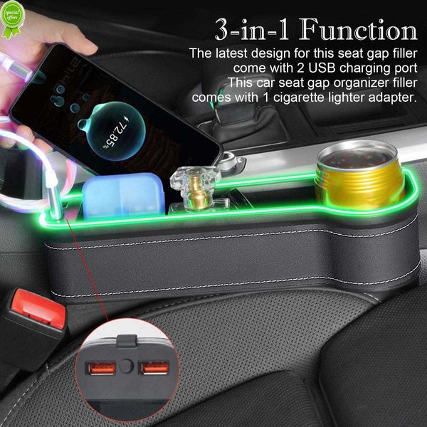 Scatola di immagazzinaggio per fessure per auto con 2 caricabatterie USB Regolabile LED colorato Gap per sedile Tasca per sedile Organizzatore Portabicchieri per telefono