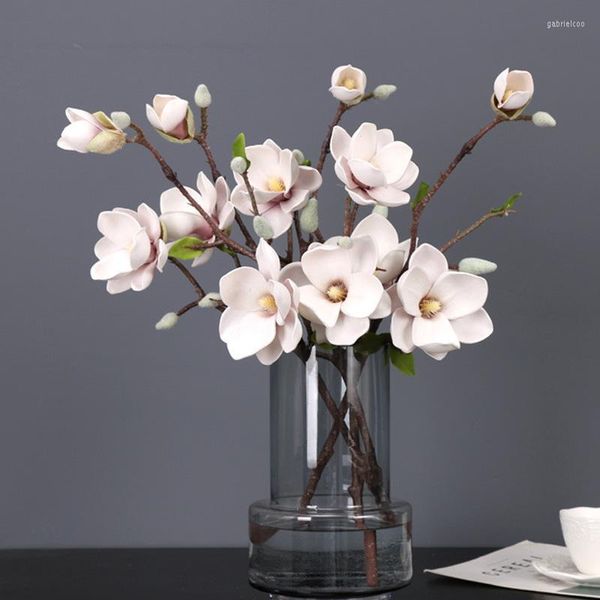 Flores decorativas 51cm Big Magnolia Artificial Flower ramo de ramo prateado de plástico FALSO CASAMENTO Decoração Vaso de decoração