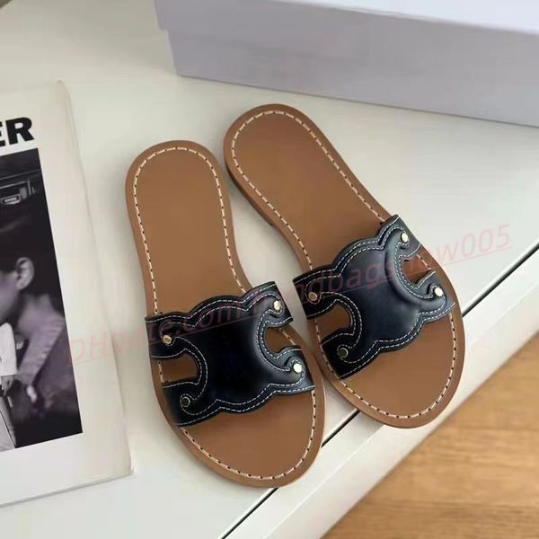 Damenmode, luxuriöse, flache Slide-Hausschuhe TRIOMPHE, geprägte Leder-Kalbsleder-Sandalen, runde Zehen, Sommersandalen, Luxus-Designer, einzigartig für flache Damen-Sandalen