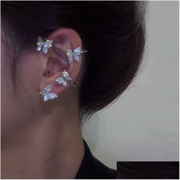 Orecchini pendenti con clip a farfalla in metallo placcato argento Orecchini senza piercing per le donne Clip di polsino con zircone scintillante Wed Dhgarden Dhxpr