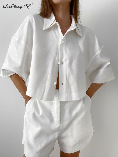 Zweiteilige Damenhose Mnealways18 Weiße Baumwoll-Leinen-Shorts-Sets, 2-teiliges Straßenoutfit, Kurzarmhemd und Shorts mit weitem Bein, Sommer-Damenanzug 230515