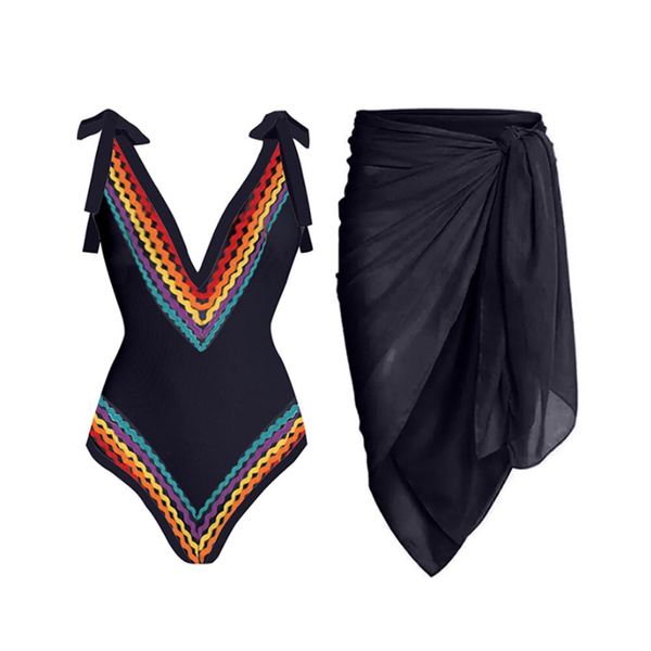 Vertuschung weiblicher Retro Badeanzug schwarzer Rock Holiday Beach Kleid Vintage Deep V Designer Badeanzug Sommer Surfkleidung