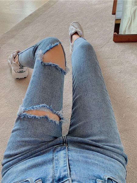 Jeans femininos de calça elástica de cintura alta vintage ripped ripped 2023 calças lápis fino Retro Retro Then Then Then Then Then Washed Cotton Denim Troushers