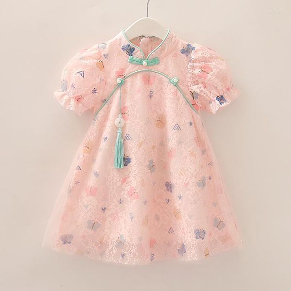 Mädchenkleider 2023 Sommer 3-12 Jahre Chinesisches Han-Stil Hanfu Kinderkleid Kurzarm Spitze Cheongsam für Kinder Baby Mädchen Q455