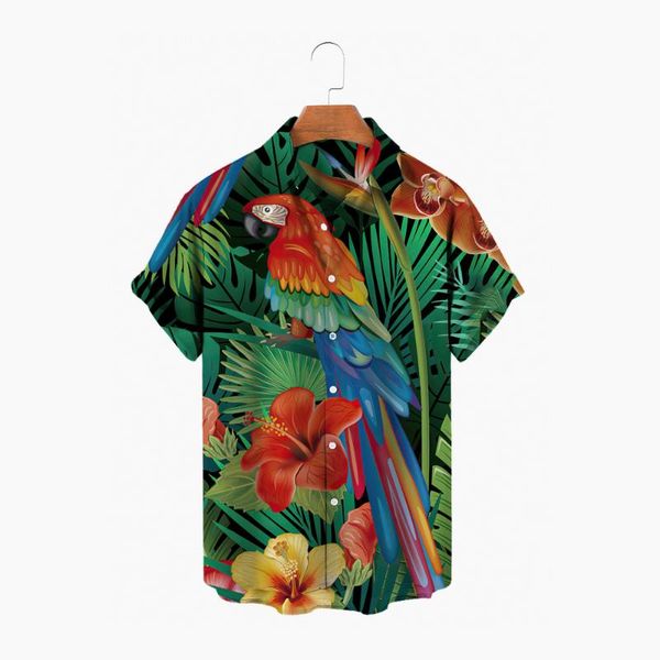 T-shirt da uomo Camicia con stampa animalier pappagallo 3D Manica corta Patchwork hawaiano Risvolto Street Dress Fashion Chic Beach 2023