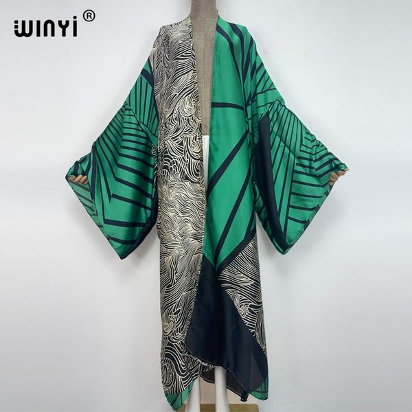 Swimwear 2022 WINYI Férias de verão Beach Wear Cover Up Sweet Lady Boho Cardigan Stitch Colorido Sexy Feriado Manga Longa Kimono Kaftan