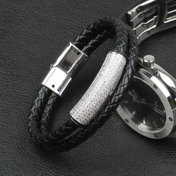 Charm-Armbänder, kubischer Zirkon, Edelstahl, für Herren, echtes Lederarmband, klassischer Retro-Magnetverschluss, männlicher Armreif, Schmuck