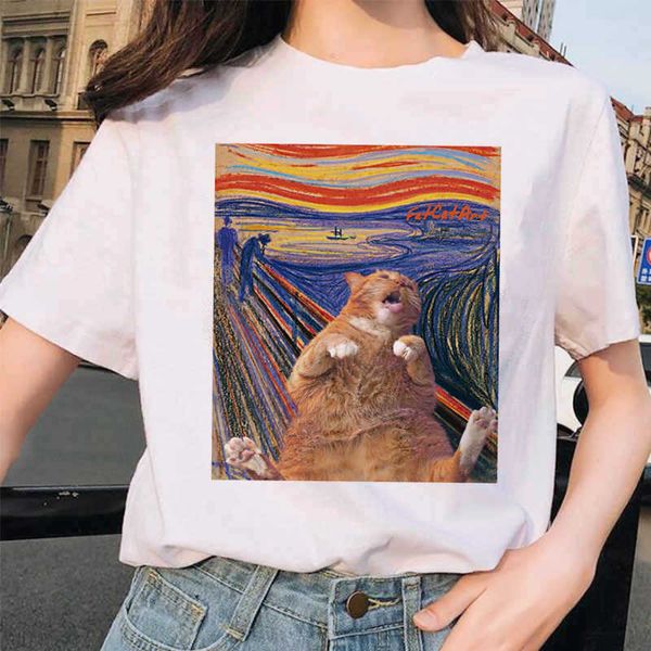 T-shirt da donna Van Gogh Cat T-shirt da donna Art Oil Painting Reticolo Stampa New Cute T-shirt casual femminile Harajuku Tshirt Funny Tops Tees Grunge P230515