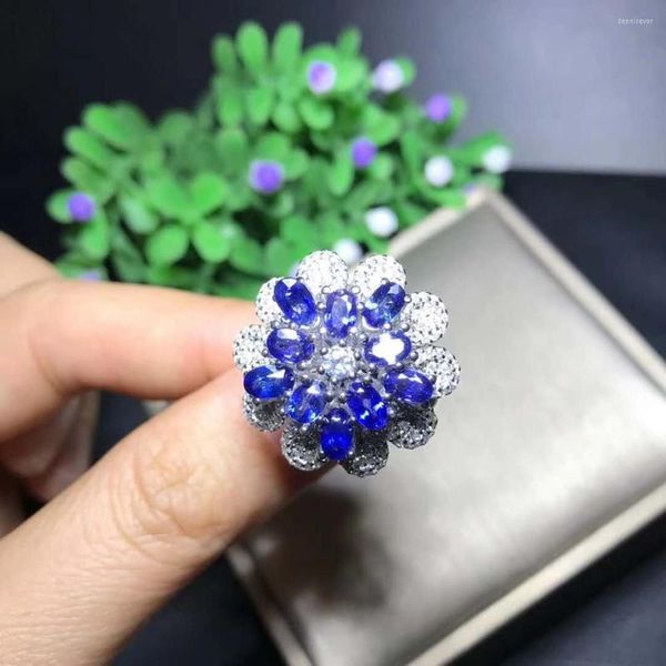 Cluster Rings Flower Natural и настоящие синие сапфировые обручальные кольца Women Women Ring Fine S925 Серебряные серебряные подарки