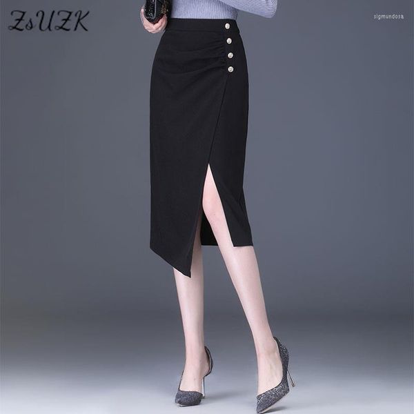 Saias zuzk elegante fenda de moda bodycon saia preta para mulheres elásticas de cintura alta decorar lápis de irregularidade slim chique