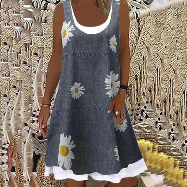 Freizeitkleider 2023 Frühling/Sommer Damen A-Linien-Rock Ärmelloses 3D-gedrucktes Kleid Blumentext Polka Dot Print Knielang