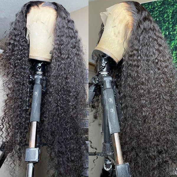 Perucas de cabelo humano encaracolado de simulação de densidade 180D perucas frontais de renda com ondas de água brasileiras para mulheres negras pré-arrancadas peruca frontal sintética de onda profunda