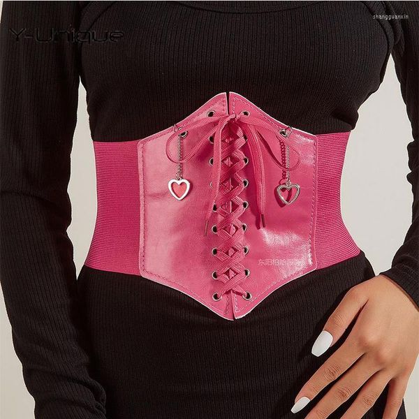 Cinture ciondolo ciondolo cuore anteriore per donna corsetto corpo snellente in pelle PU cintura larga abito elastico cintura a vita alta