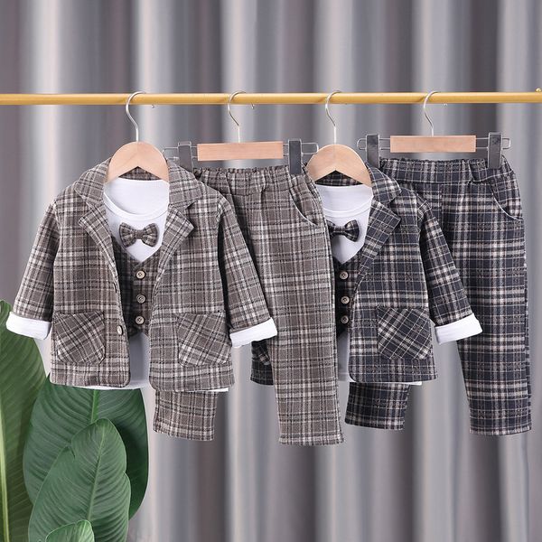 Neue Baby Jungen Kleidung Männliche Kinder Anzug Gentleman Formalen Stil Plaid Mäntel Hemd Hosen 3 Teile/sätze Kinder Infant Kleidung Anzug set