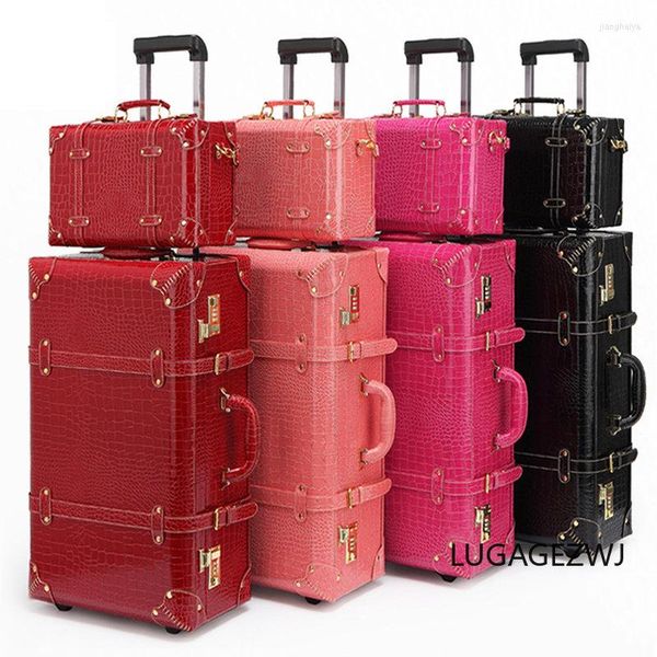 Valizler vintage sert roller arabası kutusu seti Çin kırmızı düğün çantası büyük kapasite makyaj bavul üst düzey depolama seyahat bagaj