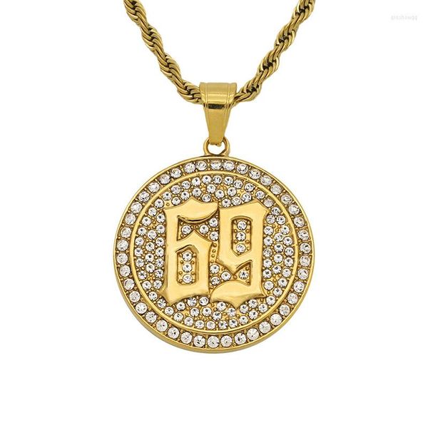 Collane con ciondolo Hip Hop Strass pavimentato Bling Iced Out Collana rotonda in acciaio inossidabile color oro 69 per gioielli Rapper da uomo