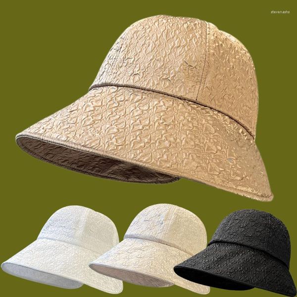 Chapéus largos da borda 2023 Versão coreana Seersucker Big Fisherman Hat Women Women Summer Pousing versátil versátil soldado bacia dobrável Cap moda Sun