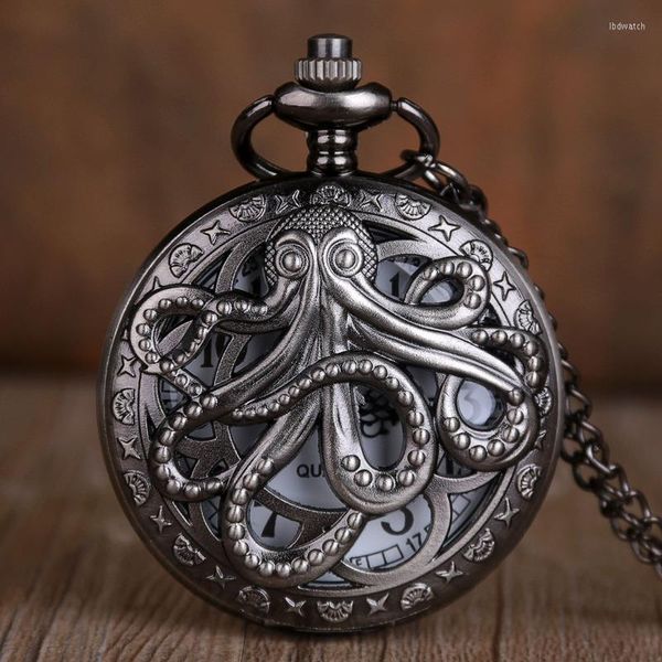 Armbanduhren Ankunft Octopus Hohl Halb Quarz Taschenuhr Vintage Schwarz mit Halskette Kette Geschenk für Kinder Männer Frauen