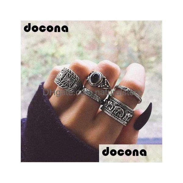 Anéis de banda Boho Sier Color Elephant Flower Knuckle Midi Set para mulheres Vintage Black Rhinestone dedo 5pcs/1set 6 Drop entrega OTOEF