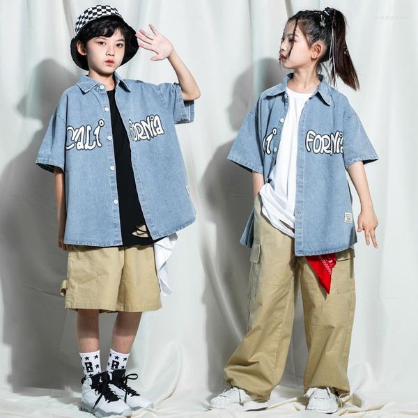 Abbigliamento da palcoscenico Festival per bambini Abbigliamento da ballo hip-hop Giacca camicia di jeans Pantaloni larghi cachi per ragazze Ragazzi Costumi da ballo Abbigliamento streetwear