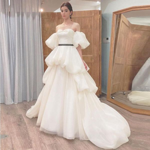 Robes de soirée princesse robe de mariée Tulle hors épaule bulle manches moelleux à lacets robe de bal blanc soirée 2023 luxe