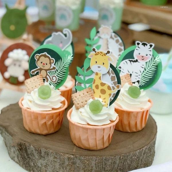 Forniture festive Animali della giungla Cupcake Toppers Safari Lion Giraffe Cake Decor Kids Boys Happy Forest Tema Decorazioni per feste di compleanno