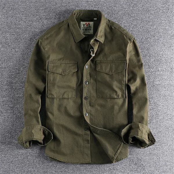 Männer Casual Hemden Retro Männliche Fracht Hemd Jacke Leinwand Baumwolle Khaki Militärische Casual Arbeit Herren Tops Kleidung Einreiher camisas De Hombre 230516