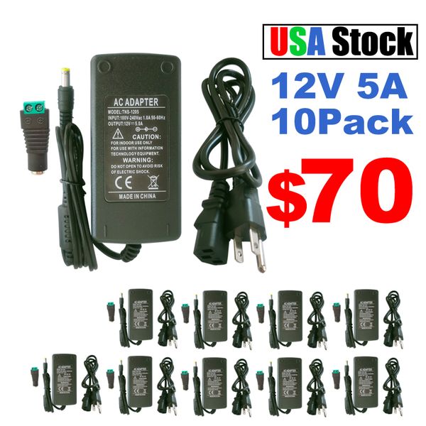 3 PRONC 12V 5A 60W Adaptador de energia AC DC Plug, 5.5x2.1mm 2,5mm plugue AC 100-240V para DC 12V Transformador de comutação de energia 12V 5A Conversores de fonte de alimentação Oemled