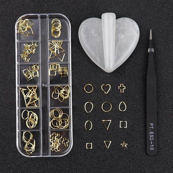 Decorazioni per nail art 1 set borchie oro / argento stampo telaio strumento di piegatura pinzette nere decorazione 3D fai da te cerchio metallo RivetNail