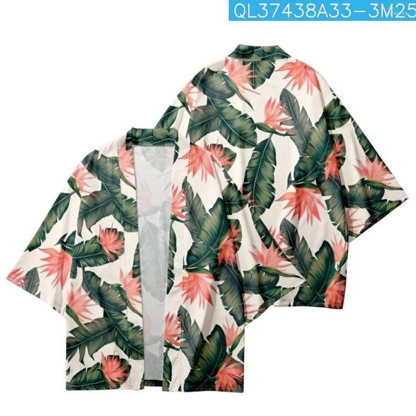 Abbigliamento etnico Coppia Donna Uomo Foglie verdi Cardigan allentato stampato fiore rosso Haori Yukata Pantaloncini da spiaggia Kimono estivi casual Streetwear