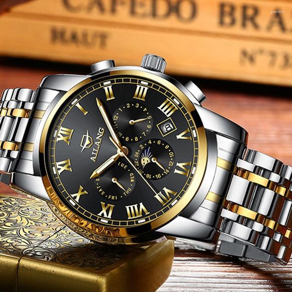 Orologi da polso AILANG Orologio meccanico automatico di moda Calendario settimanale da uomo impermeabile Display con fasi lunari Orologi con cinturino in acciaio inossidabile