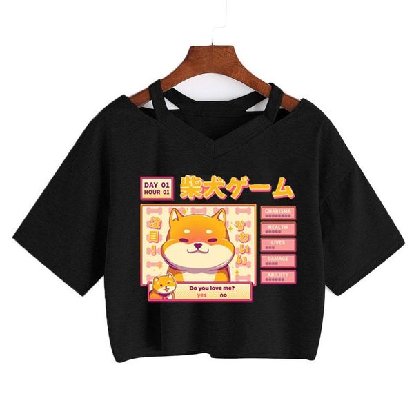 Camiseta verão cães bonitos japonês shiba inu impressão colheita topos sexy manga curta solta camiseta punk harajuku streetwear vneck y2k t