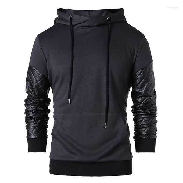 Felpe con cappuccio da uomo 2023 Moda primavera tasca manica lunga braccio design in pelle uomo nero tinta unita bel pullover cappotto abbigliamento uomo