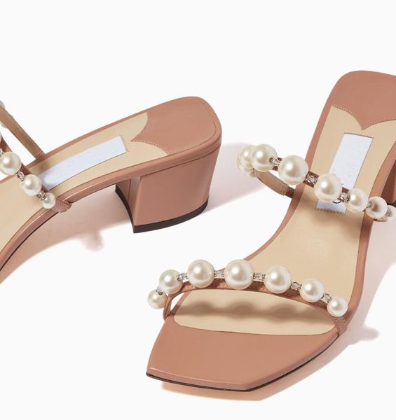 Лучшие бренд роскошной бренд Amara Women Sandals обувь жемчужные хрустальные украшения для блок-каблуков Скаль на мулы, дамы повседневные платья для вечеринок, шлепанцы, eu35-43