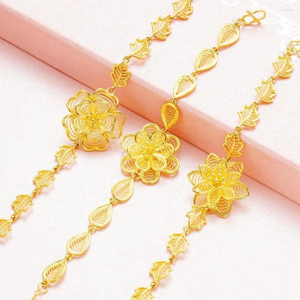 Link Bracelets Women Bracelet Chain Chain Rose Flower Design 18K Color Gold Real Lady Jewelry Gift