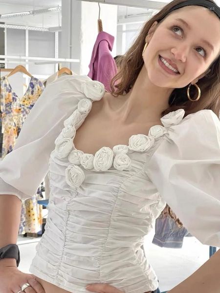 Kadınlar bluz bayanlar üç boyutlu gül u yaka beyaz bluz 2023 ilkbahar yaz kadınlar puflu kılıf ince pileli tatlı gömlek