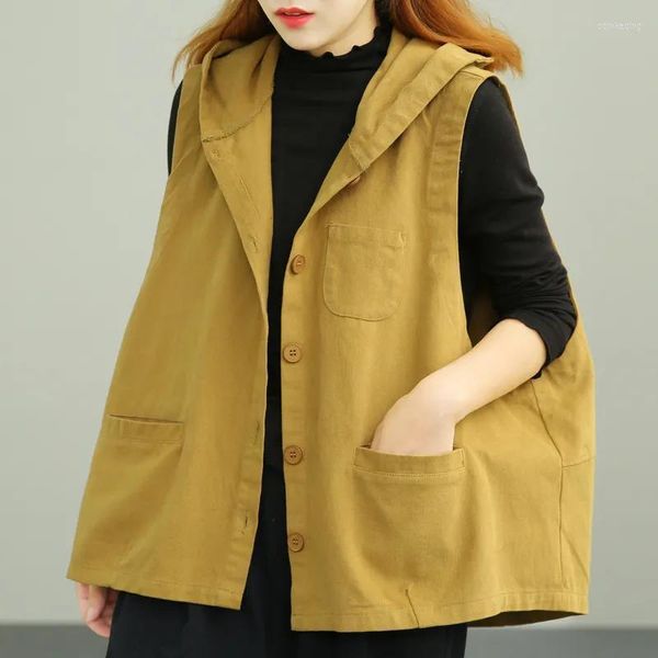 Gilet da donna in lino Abbigliamento da donna Gilet nero Giacca in cotone da donna con cappello Taglie forti Gilet retrò coreano allentato Sudore per le donne